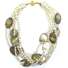Load image into Gallery viewer, 18k yellow gold 5 wires multi strand necklace oval mother of pearl, white pearls.