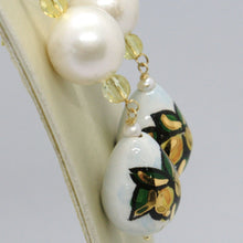 Cargar imagen en el visor de la galería, 18k yellow gold earrings lemon quartz pearl & ceramic drop hand painted in Italy.