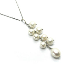 Load image into Gallery viewer, 18k white gold lariat necklace venetian chain round oval pearl bunch pendant.