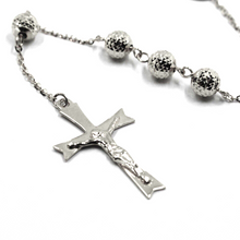 Load image into Gallery viewer, 18k white gold rosary necklace miraculous medal Jesus cross, diamond cut spheres.