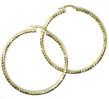 Cargar imagen en el visor de la galería, 18K YELLOW GOLD CIRCLE HOOPS TUBE 3mm, BIG EARRINGS 5.5cm, SHINY FACETED SQUARES.