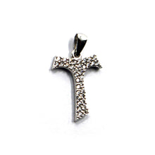 Load image into Gallery viewer, 18k white gold squared zirconia 17mm cross, Franciscan tau tao Saint Francis.