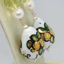 Cargar imagen en el visor de la galería, 18k yellow gold earrings lemon quartz pearl & ceramic drop hand painted in italy.