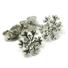 Load image into Gallery viewer, SOLID 18K WHITE GOLD EARRINGS FLAT SNOWFLAKE, SHINY, SMOOTH, 9 MM CUBIC ZIRCONIA.