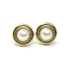 Load image into Gallery viewer, 18k yellow white gold pearl button earrings, 11 mm, 0.43 inches worked disc.