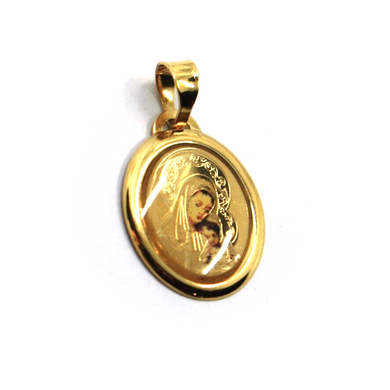 18k yellow gold enamel oval medal, 17x15mm, Virgin Mary and Jesus Christ.