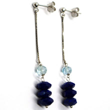 Cargar imagen en el visor de la galería, 18k white gold pendant earrings, lapis lazuli, aquamarine, 2.3 inches length.