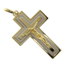 Load image into Gallery viewer, 18K YELLOW WHITE GOLD BIG JESUS CROSS 4cm 1.57", SQUARE SOLID, MADE IN ITALY.