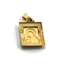 Load image into Gallery viewer, 18k yellow gold square 15mm medal pendant with frame, Virgin Mary Jesus Christ.