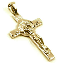 Load image into Gallery viewer, solid 18k yellow gold Cross, Jesus & st Saint Benedict medal, 28mm very detailed.