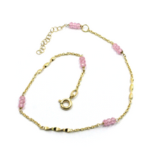 Load image into Gallery viewer, 18k yellow gold rolo spiral anklet 9.8" 25cm with faceted pink 3mm quartz.