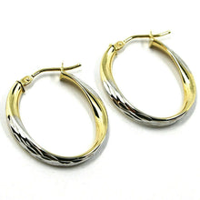 Load image into Gallery viewer, 18K YELLOW WHITE GOLD OVAL CIRCLE HOOPS PENDANT EARRINGS, TWISTED 2.5cm ONDULATE.