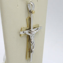 Load image into Gallery viewer, SOLID 18K WHITE YELLOW GOLD PENDANT DOUBLE CROSS, JESUS, SATIN, MADE IN ITALY.