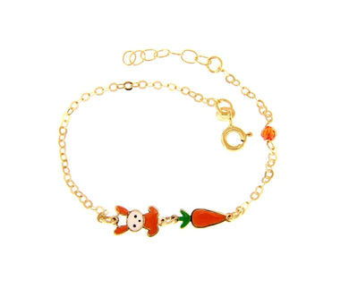 18k yellow gold kid child baby bracelet enamel rabbit and carrot, rolo chain.