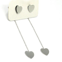 Cargar imagen en el visor de la galería, 18k white gold pendant earrings flat double heart, shiny, smooth, rolo chain.