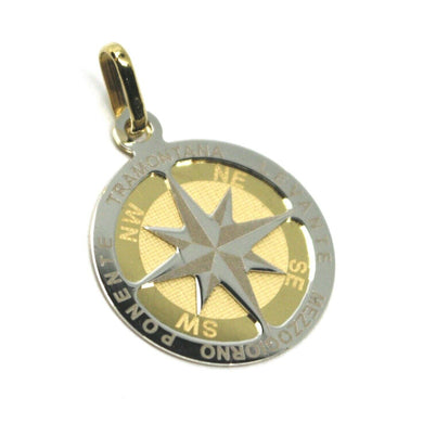 18k yellow white gold compass wind rose pendant, diameter 1.8 cm, 0.7