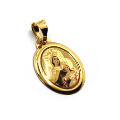 18k yellow gold enamel oval medal, 17x15mm, Lady of Carmel Virgin Mary and Jesus.