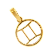 Load image into Gallery viewer, 18k yellow gold zodiac sign round mini 12mm pendant, zodiacal, gemini, stylized.