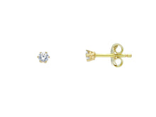Load image into Gallery viewer, 18K YELLOW GOLD STUD EARRINGS WHITE 3mm CUBIC ZIRCONIA, 6 PRONG, SOLITAIRE.