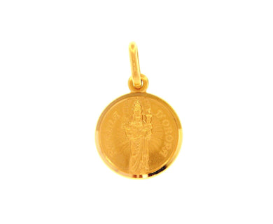 solid 18k yellow gold Our Madonna Virgin Mary Lady of Oropa 13mm round small medal pendant, very detailed.