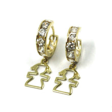 Charger l'image dans la galerie, 18k yellow gold pendant earrings, mini cubic zirconia hoops with girl pendant.