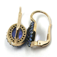 Cargar imagen en el visor de la galería, 18k rose gold leverback flower earrings, oval crystal, blue cubic zirconia frame.