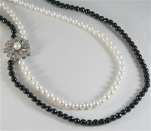 Load image into Gallery viewer, solid 18k white gold necklace with round pearls, onyx and diamonds made in Italy.