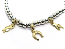 Load image into Gallery viewer, 925 STERLING SILVER BALLS BRACELET, 9K YELLOW GOLD HORSESHOE, MANO CORNUTO, OWL.