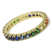Load image into Gallery viewer, SOLID 18K YELLOW GOLD ETERNITY BAND RING, MULTI COLOR, RAINBOW CUBIC ZIRCONIA.