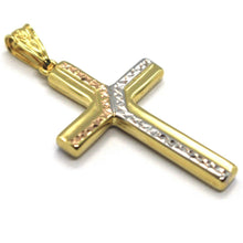 Load image into Gallery viewer, 18K YELLOW WHITE ROSE GOLD FINELY WORKED HAMMERED SQUARE CROSS, MADE IN ITALY.