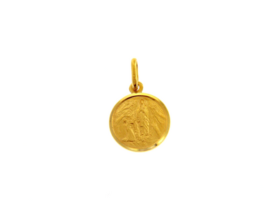 18k yellow gold Senora Lady of Lourdes small 9 mm round medal Virgin Mary pendant.