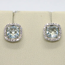 Cargar imagen en el visor de la galería, 18k white gold earrings cushion square blue topaz, zirconia frame.