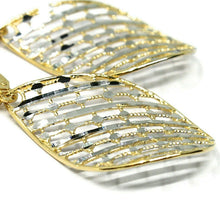 Load image into Gallery viewer, 18K YELLOW WHITE GOLD PENDANT EARRINGS ONDULATE WORKED DROP, SHINY, STRIPED.