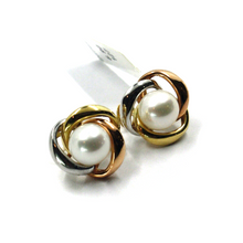 Load image into Gallery viewer, 18k yellow white rose gold clips 15mm earrings alternate flower knot with pearl.