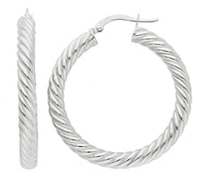 Charger l'image dans la galerie, 18K WHITE GOLD HOOPS EARRINGS DIAMETER 30mm, TUBE 4mm STRIPED TWISTED BRAIDED.