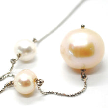 Cargar imagen en el visor de la galería, 18k white gold lariat necklace, venetian chain white & peach big pearls 16 mm.