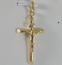 Cargar imagen en el visor de la galería, 18K YELLOW GOLD CROSS WITH JESUS, ROUNDED TUBE, SHINY 1.42 INCHES, MADE IN ITALY.