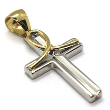 Load image into Gallery viewer, 18K YELLOW WHITE GOLD SQUARE TUBE ALTERNATE CROSS, 3 CM 1.2 INCHES MADE IN ITALY.