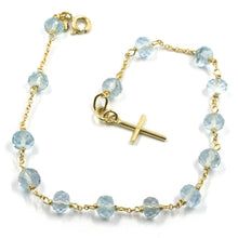 Load image into Gallery viewer, 18k yellow gold rosary bracelet, oval faceted aquamarine, mini tube Cross.