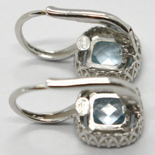 Cargar imagen en el visor de la galería, 18k white gold leverback earrings cushion blue topaz, zirconia frame.
