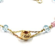 Load image into Gallery viewer, 18K YELLOW ROSE GOLD BRACELET, AQUAMARINE, QUARTZ, DIAMOND CUT BALLS AND DISC.
