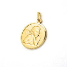 Load image into Gallery viewer, solid 18k yellow gold Guardian Angel small 11mm medal, pendant, very detailed.