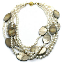 Load image into Gallery viewer, 18k yellow gold 5 wires multi strand necklace oval mother of pearl, white pearls.