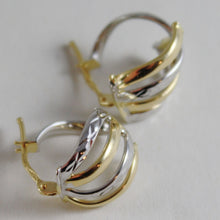 Load image into Gallery viewer, 18K YELLOW WHITE GOLD EARRINGS ALTERNATE WORKED HOOPS HOOP 13 MM MADE IN ITALY.