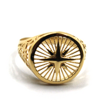 Load image into Gallery viewer, 18k yellow gold band signet man solid ring, 17mm round rays compass star central.
