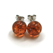 Load image into Gallery viewer, solid 18k white gold lobe earrings, orange amber 10mm spheres butterfly closure.