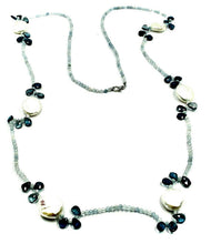 Load image into Gallery viewer, 18k white gold long 33.5" necklace aquamarine london blue topaz drop pearl disc.