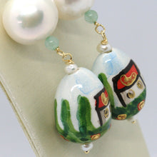 Cargar imagen en el visor de la galería, 18k yellow gold earrings aventurine & ceramic drop home hand painted in Italy.