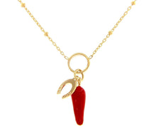 Cargar imagen en el visor de la galería, 18K YELLOW GOLD 16.5" NECKLACE WITH 12mm RED ENAMEL HORN CORNICELLO AND HORSESHOE PENDANT.