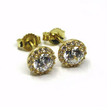Cargar imagen en el visor de la galería, 18K YELLOW GOLD BUTTON EARRINGS CUBIC ZIRCONIA ROUND WITH FRAME FLOWER SUN 7 MM.